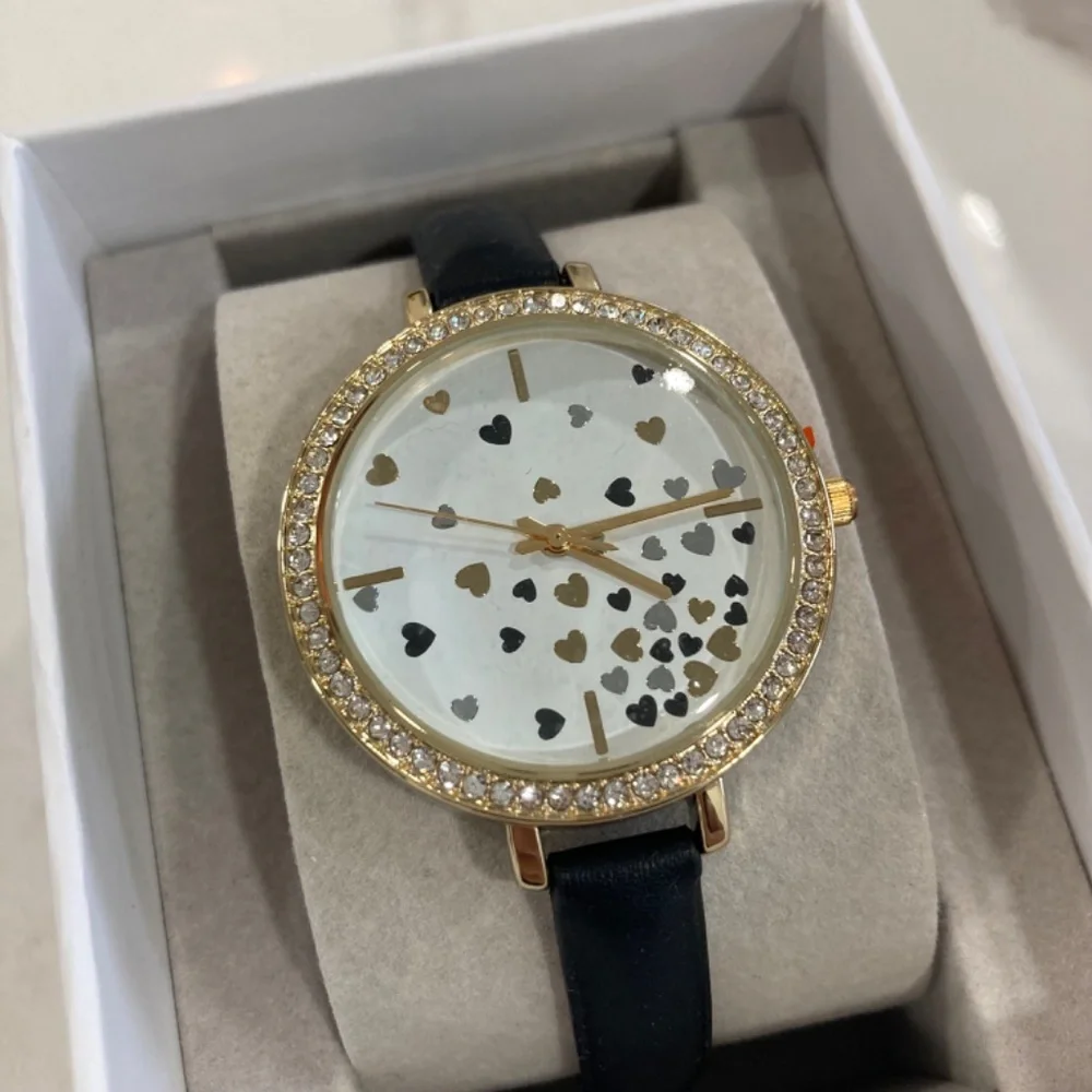 Ann Taylor Factory Crystal Heart Print Black Leather Band Watch